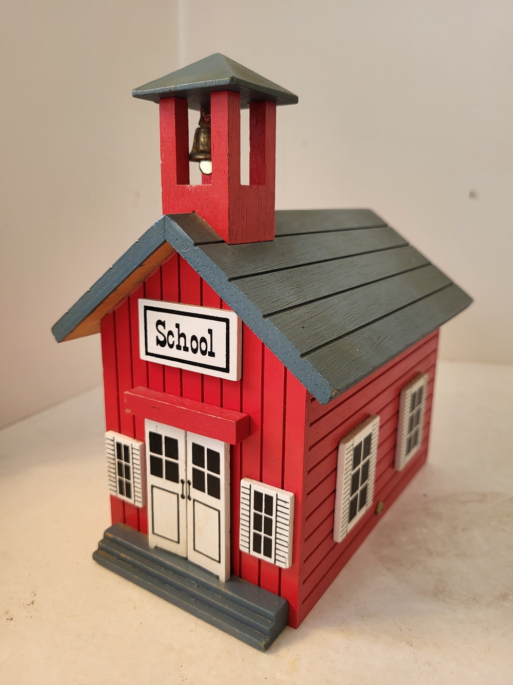 1980s Berkeley Designs Wood Little Red Schoolhouse Music Box
